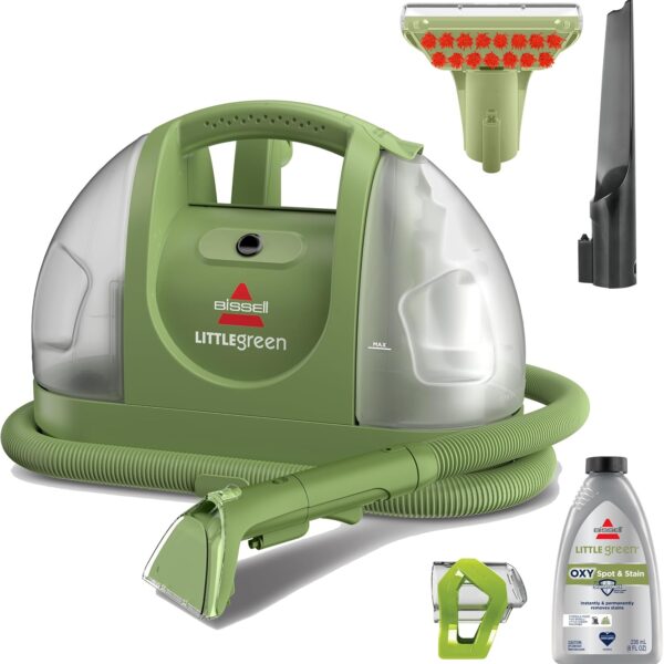 BISSELL Little Green เครื่องทำความสะอาดพรมและเบาะแบบพกพาอเนกประสงค์ สำหรับทำความสะอาดรถยนต์และงานดีเทล มาพร้อมอุปกรณ์เสริมเฉพาะ รุ่นสีเขียว 1400B — เครื่องทำความสะอาดพรมระบบไอน้ำ